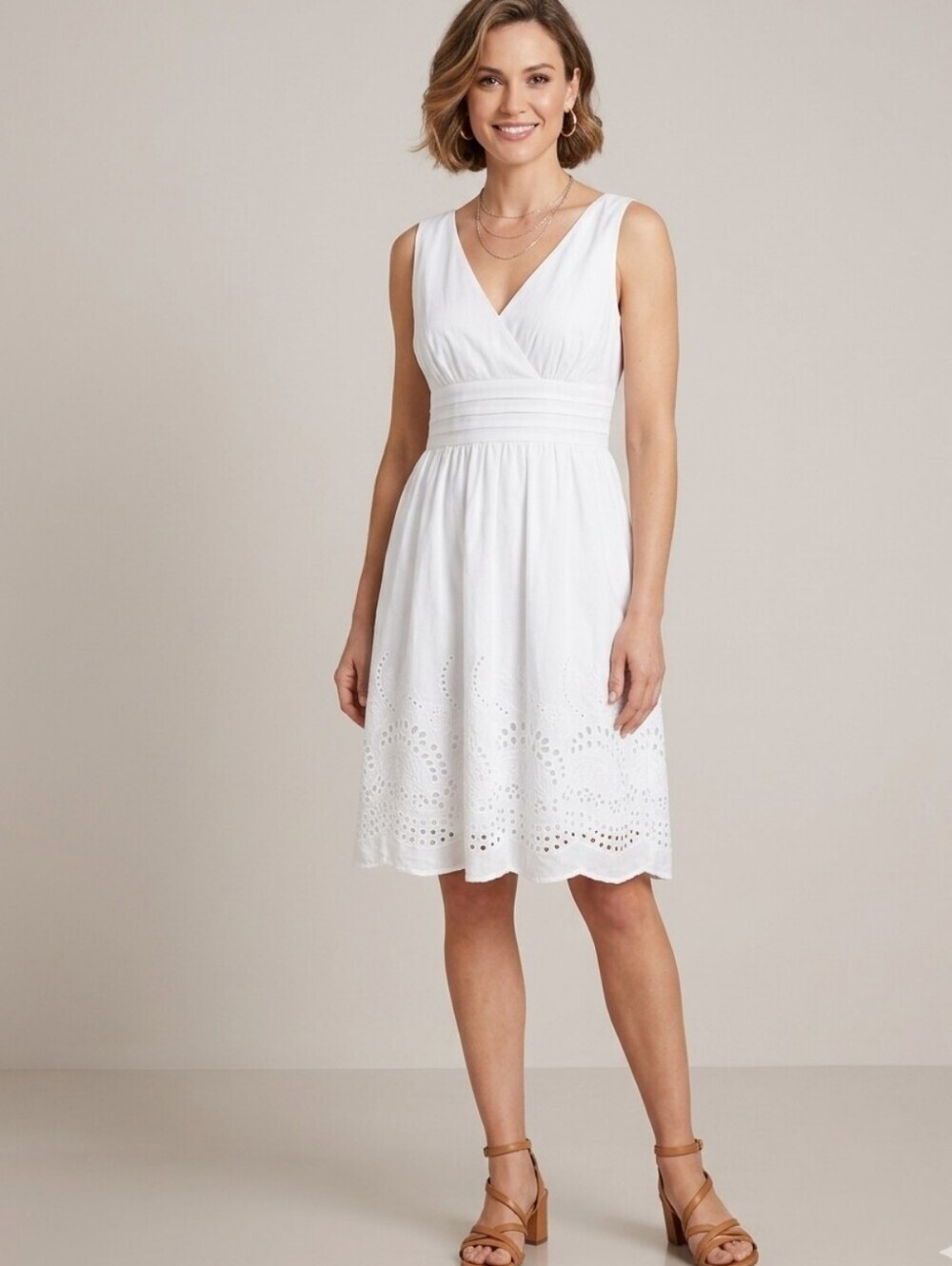 Dressbarn Classic White V-Neck Eyelet A-Line Dress Size 8